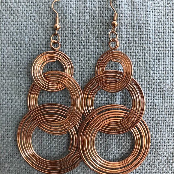 Gold Triple Multilayered Ring Dangling Earrings - Picture 1 of 3